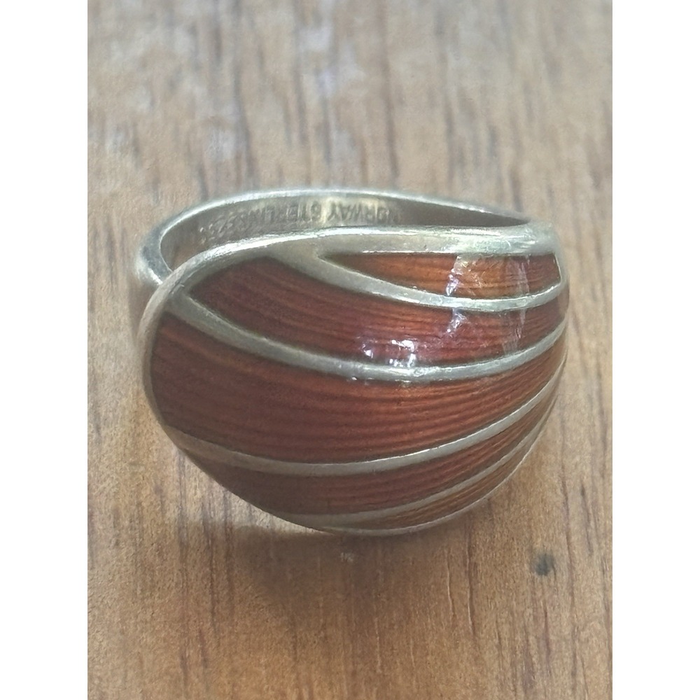 Vntg David Andersen Sterling Silver Burnt Orange/Red Enamel Dome Ring Size 6.25
